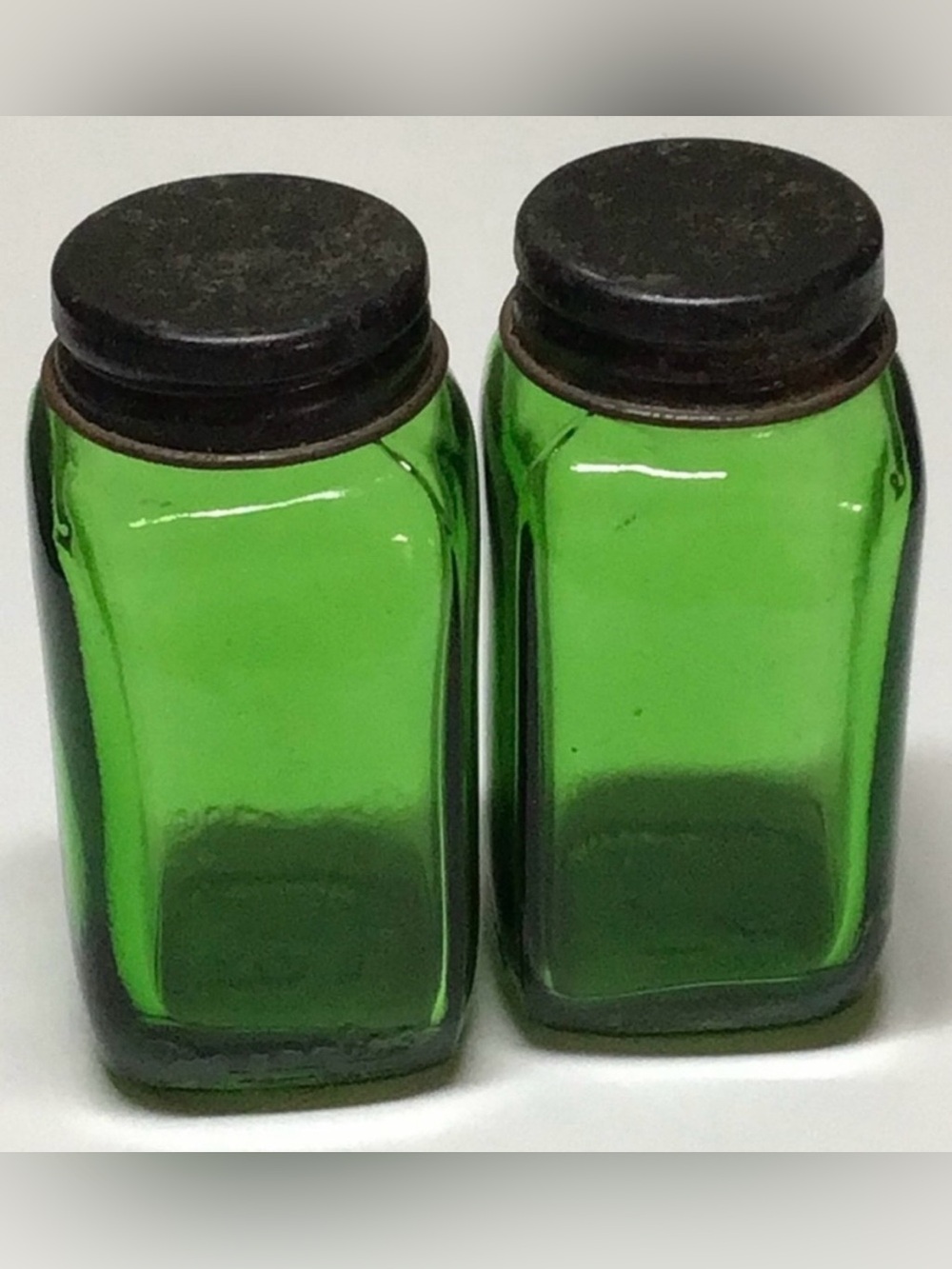 Vintage Douglas Forest Green Glass Spice Jars with Black Lids MCM Kitchen